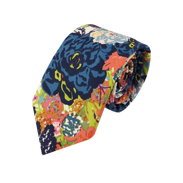 Necktie - Big Flowers Teal Coral and Lime