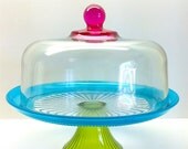 Full Size Covered Cake Stand Painted  Hot Pink Green and Aqua