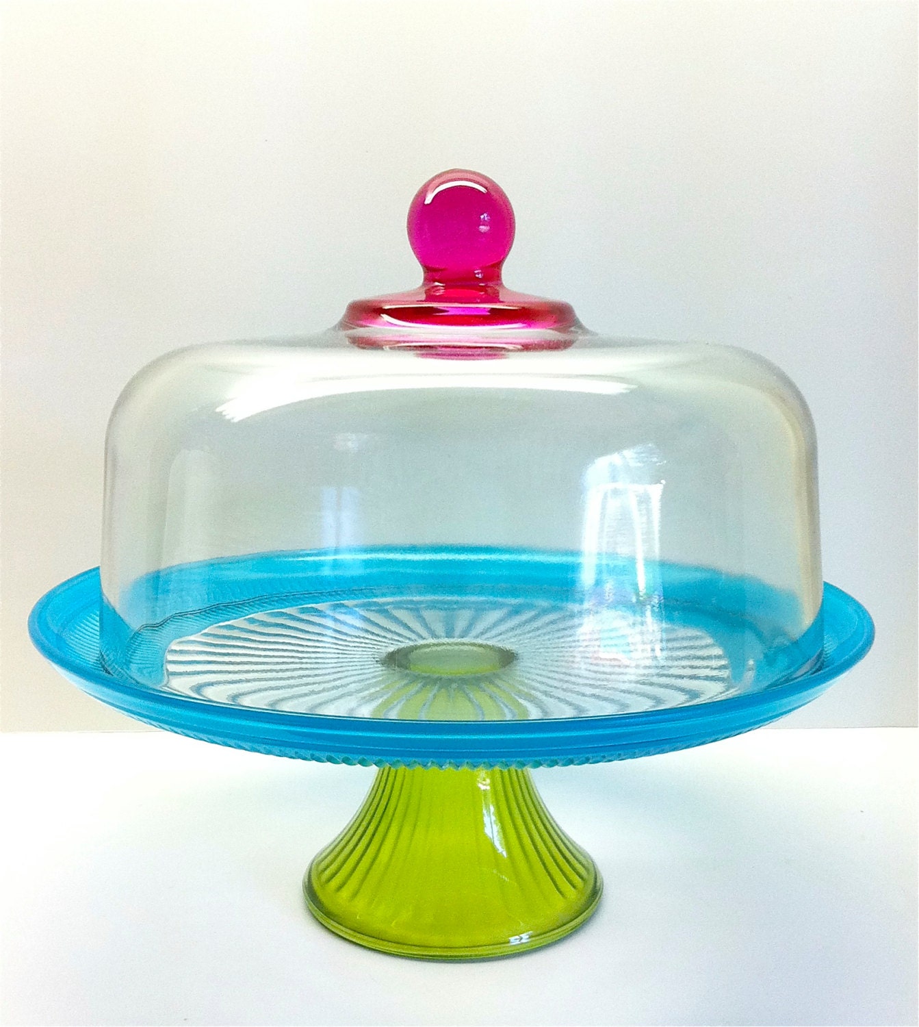 Full Size Covered Cake Stand Painted  Hot Pink Green and Aqua