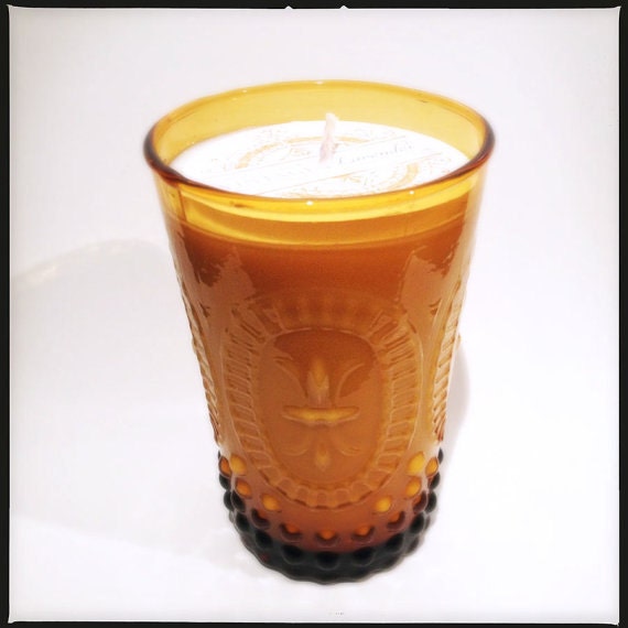 Vanilla Sugar scented vintage style, amber colored glass soy candle housewarming / Bridesmaid gift / Wedding gift idea