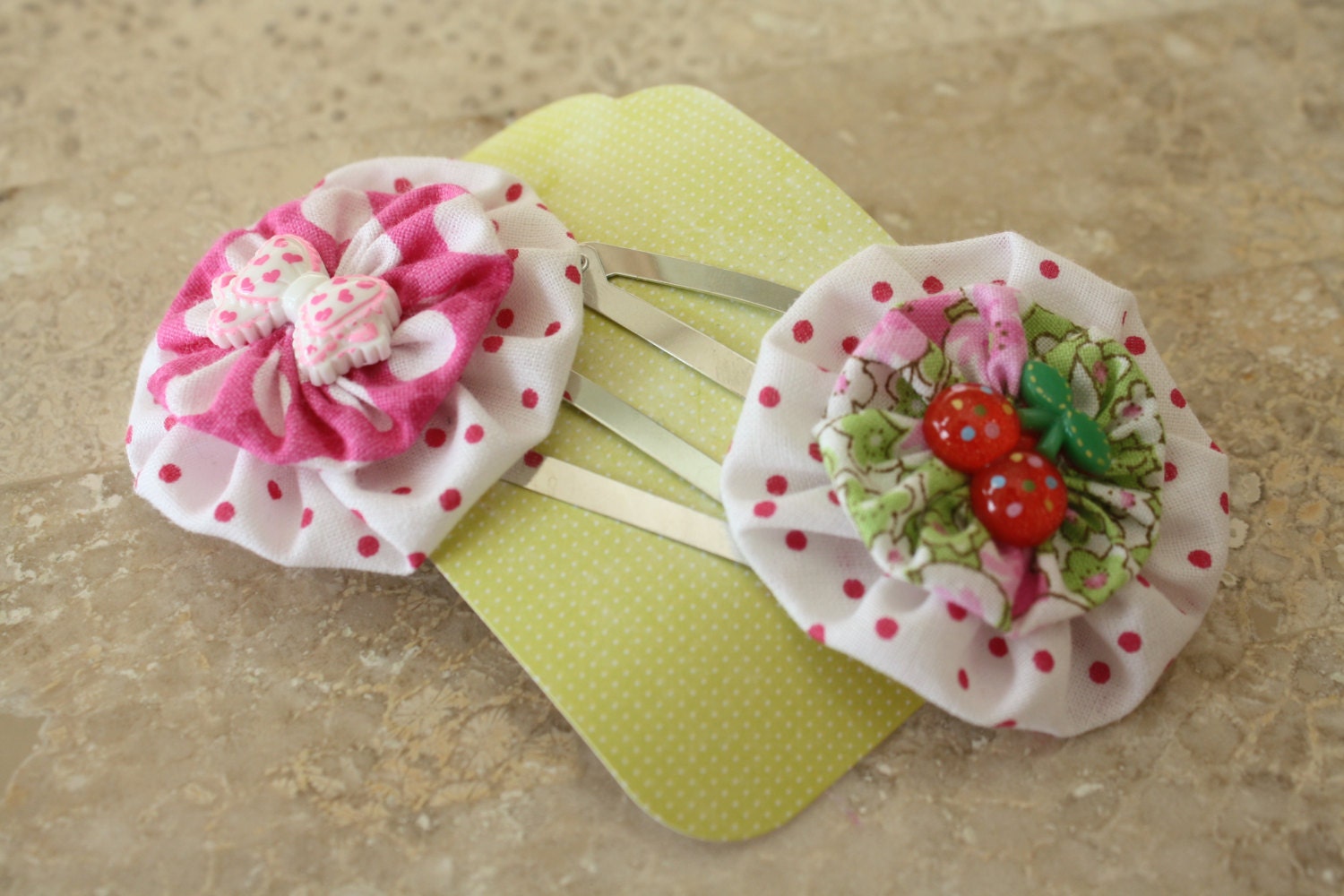 Fabric Yoyos Duo Snap Clip with cherries and bow