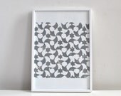 Grey and white star patterned art linocut  relief print, handmade original art
