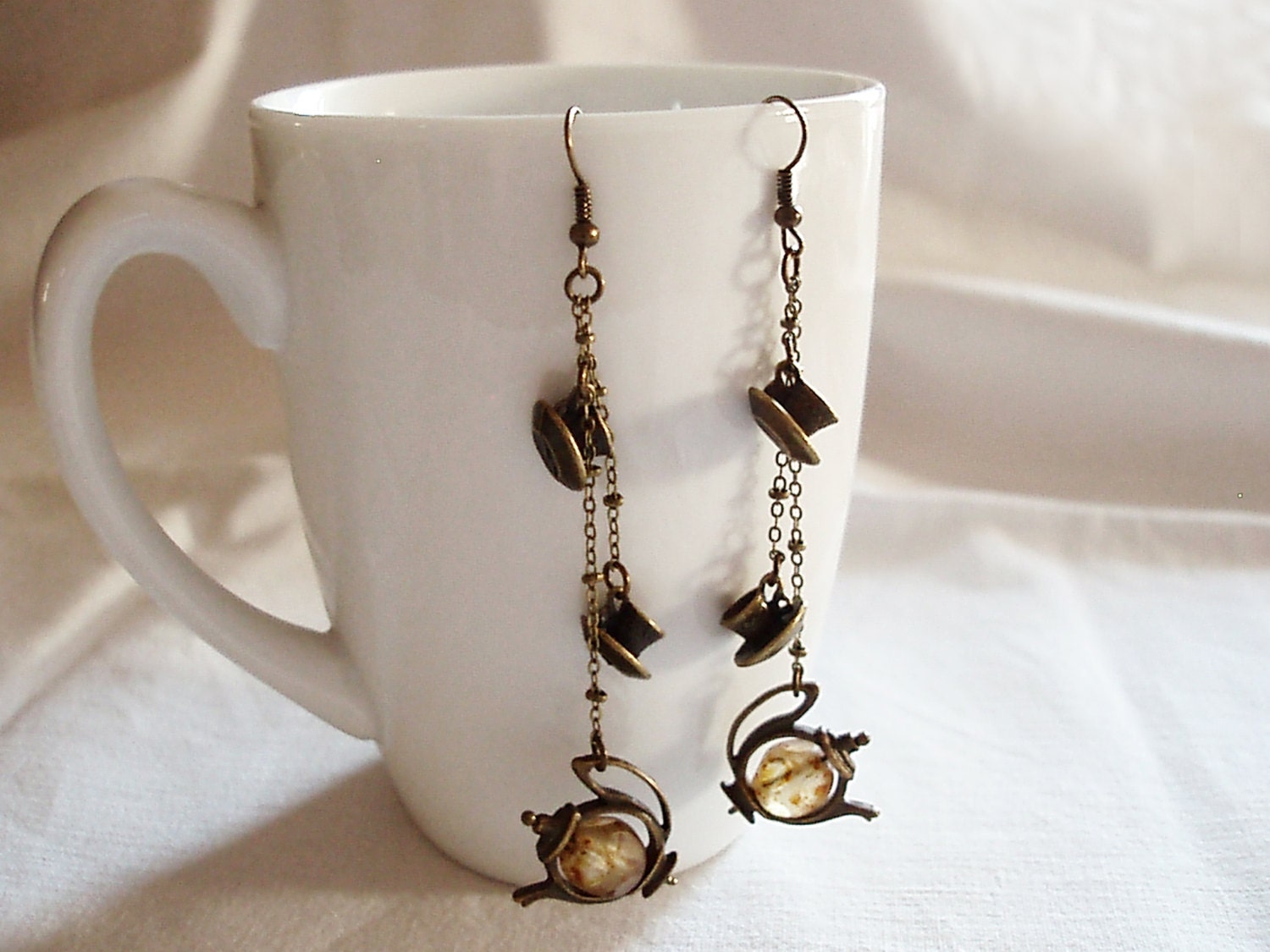 Long earrings -Tea - Coffee - Antique Bronze Tea cup and Teapot chandelier dangle earrings -Beige Czech glass beads in brown picasso finish