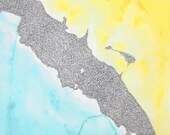 WAI-O-TAPU abstract illustrated watercolor art print in teal and yellow