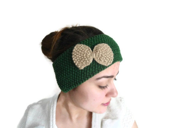 warm knit headband, Bow Headband ,Ear warmer, knitting, gift, winter trend ,fashion, Christmas, Green and Beige