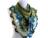 crochet flower scarf,hand-knitted,fashion,unique gifts,  Women,shawl, Green, Blue and yellow, valentines day