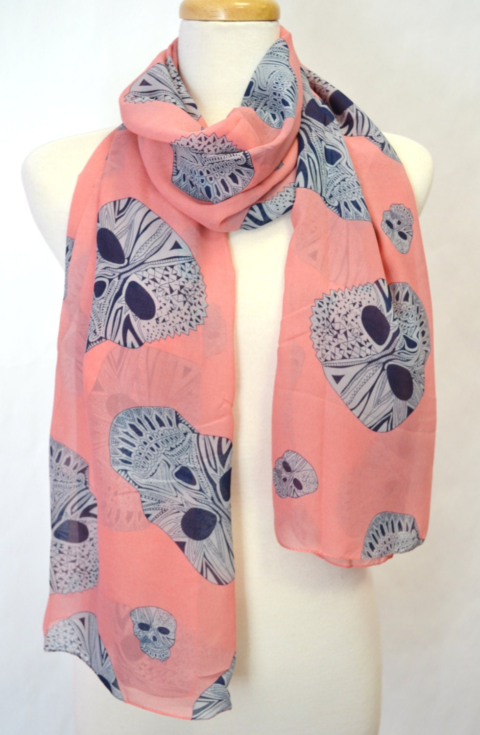 Rock & Roll Skull Print Scarf Unisex Gift Idea Summer Silk Chiffon Black White Coral Women's Accessory Fashion