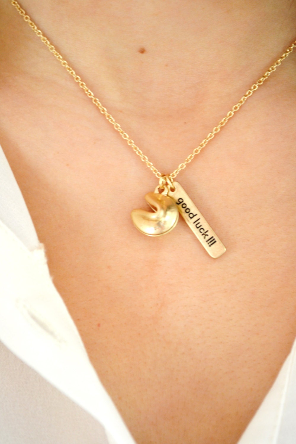 GOOD LUCK Charm Necklace Fortune Cookie Gold Fashion Womens Jewelry Gift Idea Accessories