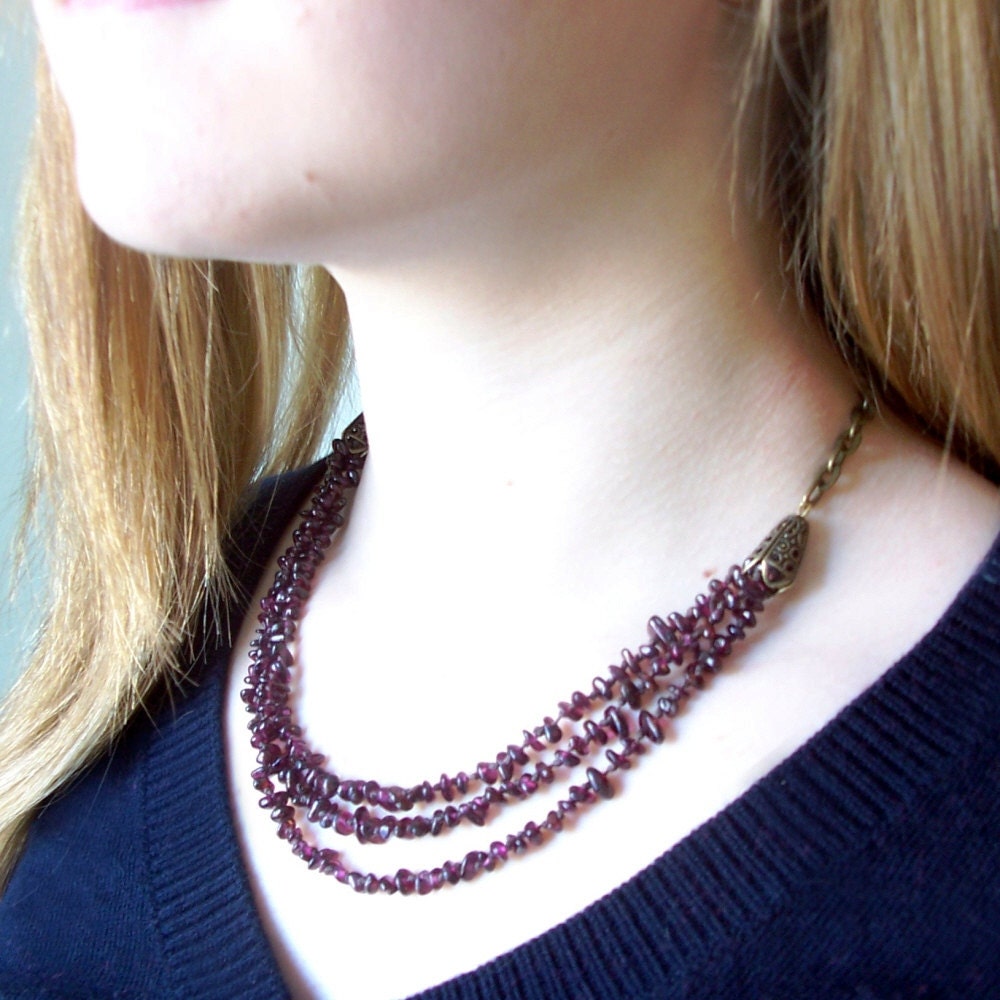 Boho Crochet Necklace, Multi strand Cranberry Red Garnets, antique brass chain, Designer Statement necklace