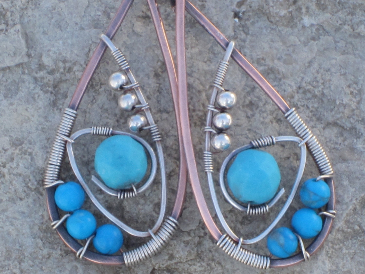 FREE domestic shipping/ Turquois Howlite Wire Wrapped in Sterling Silver and Copper wire Earrings