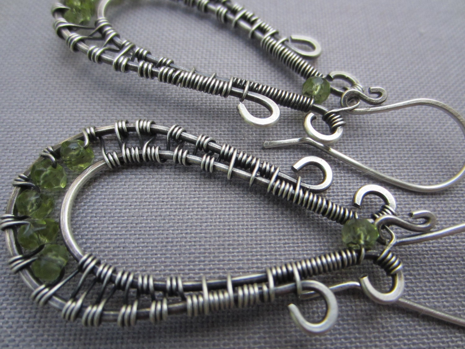 Green Peridot  Wire Wrapped in Sterling Silver Earrings/ Free shipping