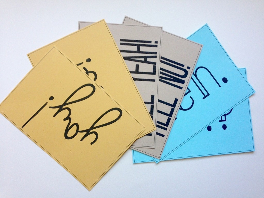 Set of Six Notecards - Blue, Yellow, Brown Kraft Paper Quirky Funny Flat Notecards
