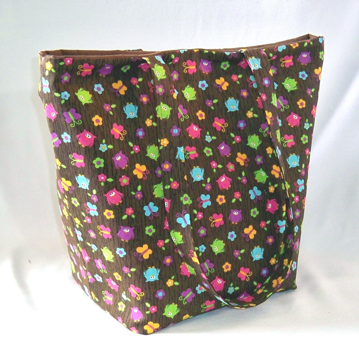 Brown Owl Tote Bag Purse Fabric Bag Neon Owls Flowers Butterfly Shoulder Bag Large Bag