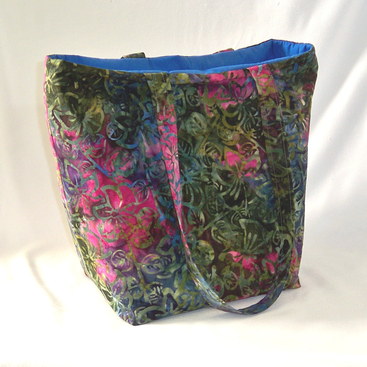 Floral Batik Tote Bag Purse Fabric Bag Jewel Tones Emerald Green Blue Pink Purple Shoulder Bag Large Bag