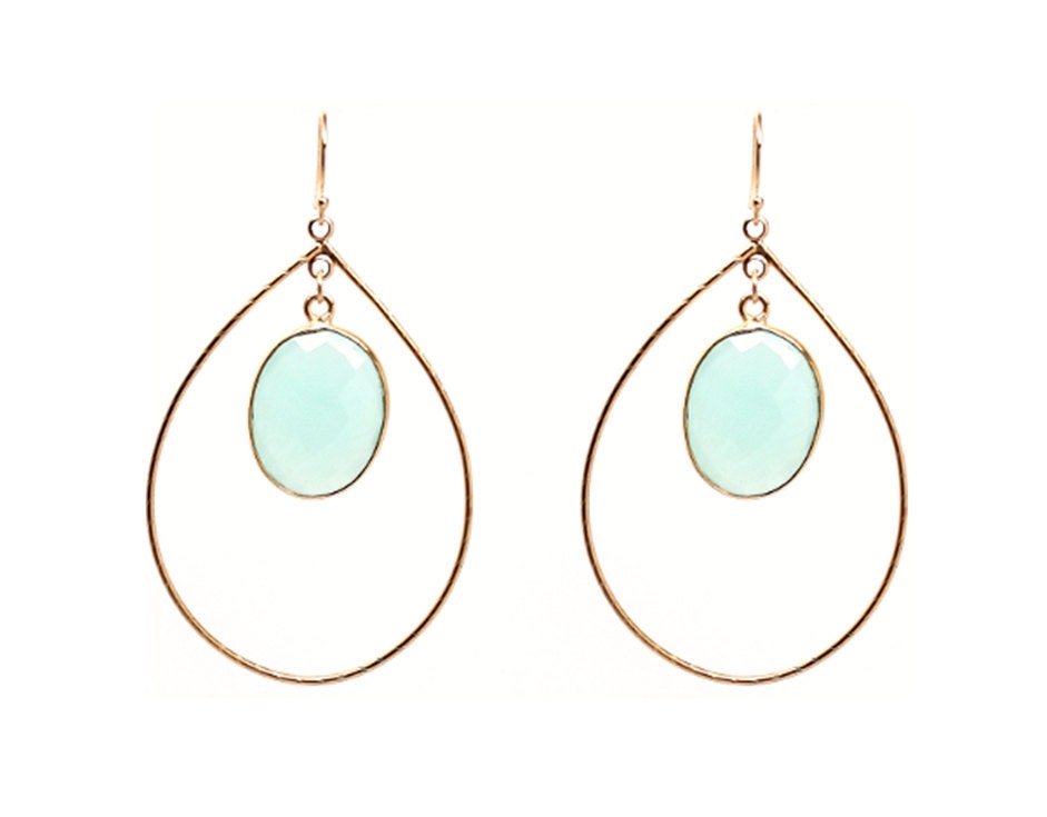 22k Gold Vermeil Aqua Blue Chalcedony Hoop Gemstone Drop Earrings