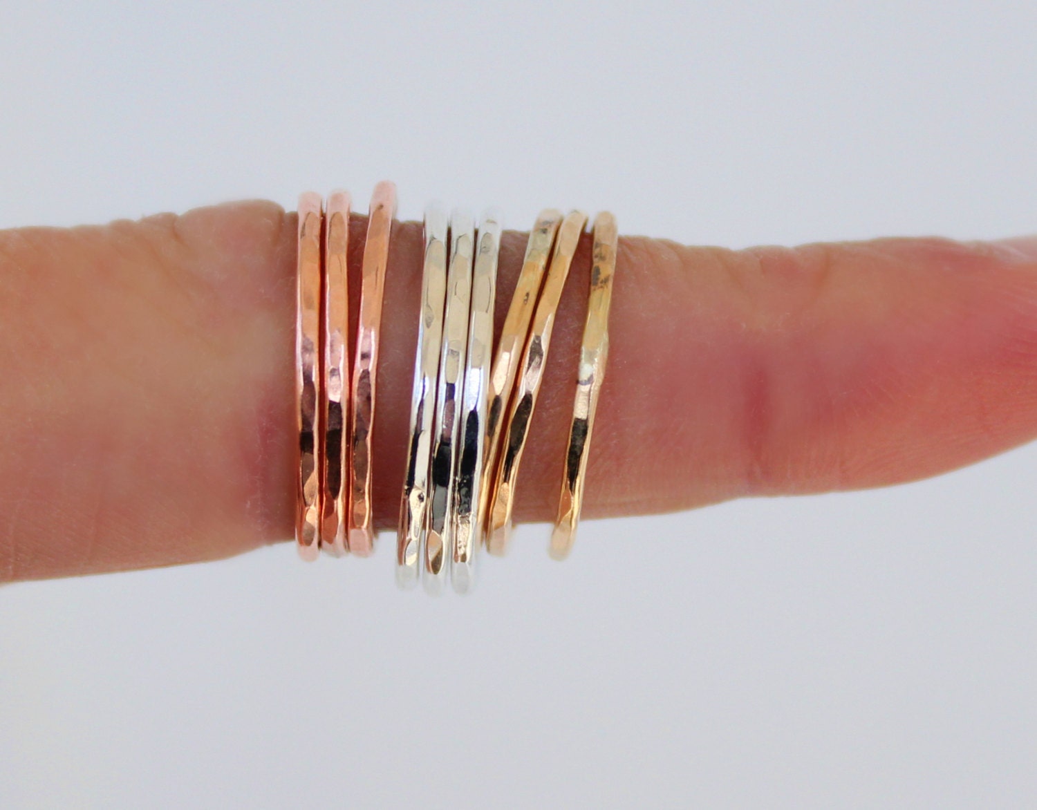 Rose Gold, Gold, and Sterling Silver Hammered Stacking Rings - thin stacking rings - stacking rings