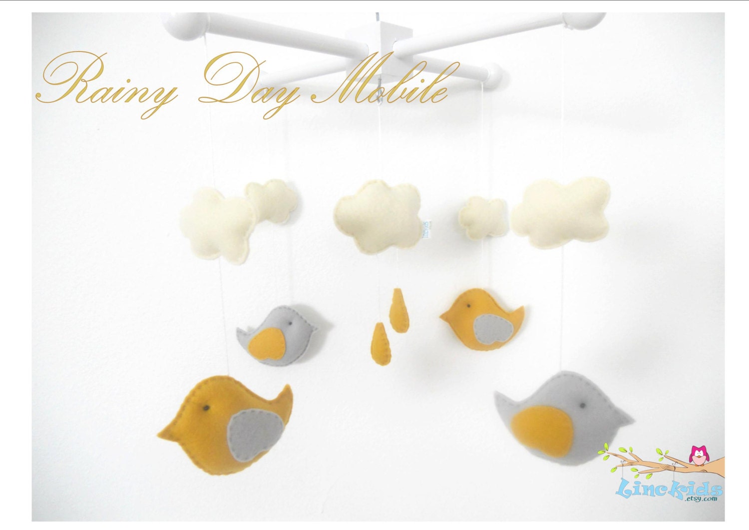 Baby Crib Mobile-Birds in the rain Mobile-custom Made Mobile-Yellow and gray birds