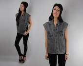 Vintage OMCV Studded Grey Acid Wash Sleeveless Cut Off Denim Jean Vest Jacket / Medium
