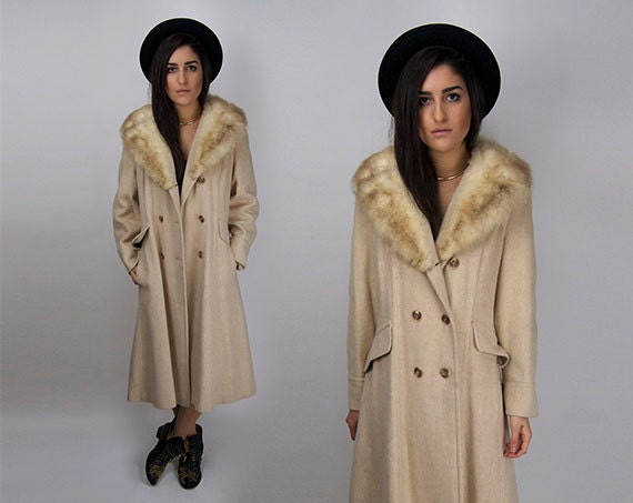 Vintage Tan Wool Long Maxi Duster Blazer Trench Coat Fur Collar Jacket / Large