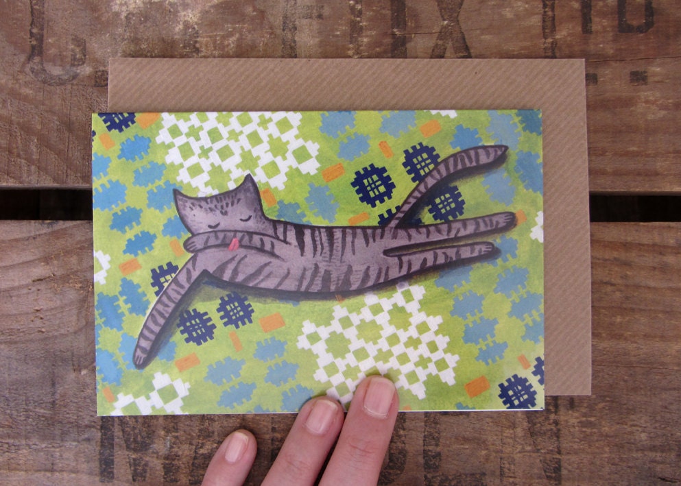 Recycled greetings card with envelope: Lounging cat on welsh blanket