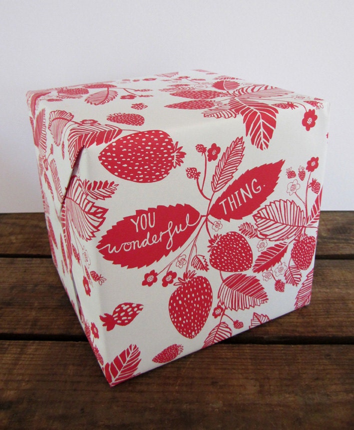 2 sheets of eco friendly gift wrap: Strawberries, You wonderful thing