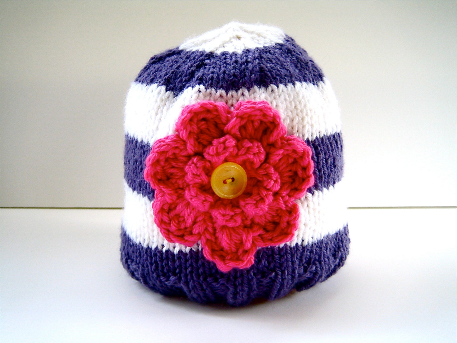 Girl's Striped Flower Hat, Size 2 - 4 years, Handknit Children's Hat, Pink Flower on Purple Stripes, Children's Knit Hat