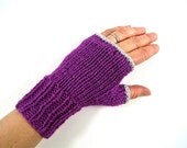 Fingerless Gloves knit in magenta with silver accents, Texting Mitts, Handknit Wristwarmers