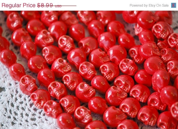 SALE 53% OFF 1 Strand Bright Red SUGAR Skulls Ceramic Porcelain Beads . 1 long strand . approx 24 beads . carved