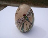 dragonfly woodburning on wooden egg
