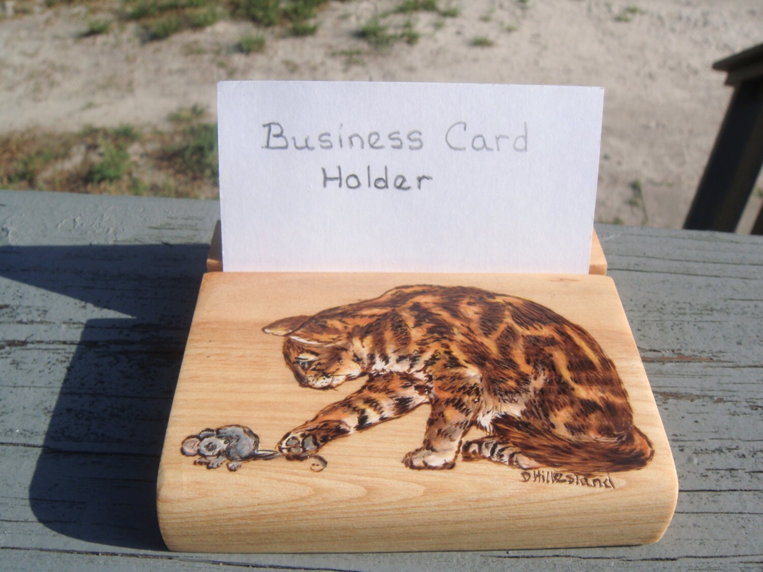 handmade wood burned cypress  Business Card Holder cat and mouse