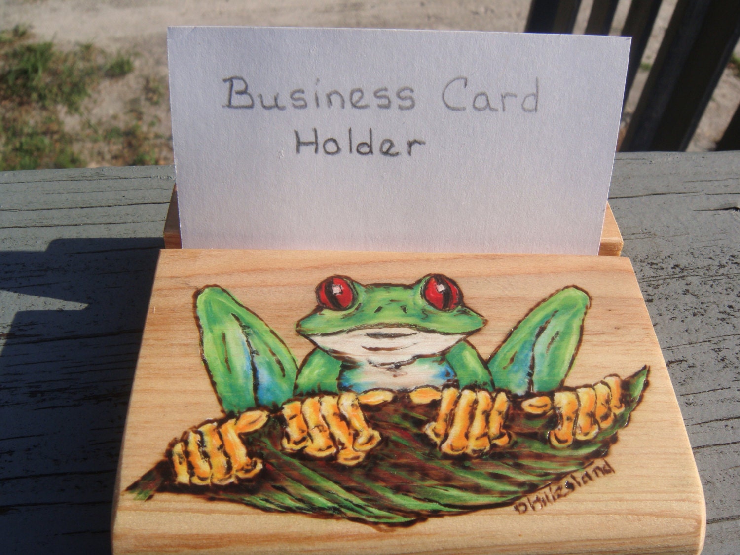 handmade wood burned cypress  Business Card Holder tree frog