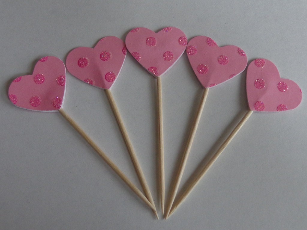 24 Pink Glitter Dot Heart Party Picks - Food Picks - Cupcake Toppers