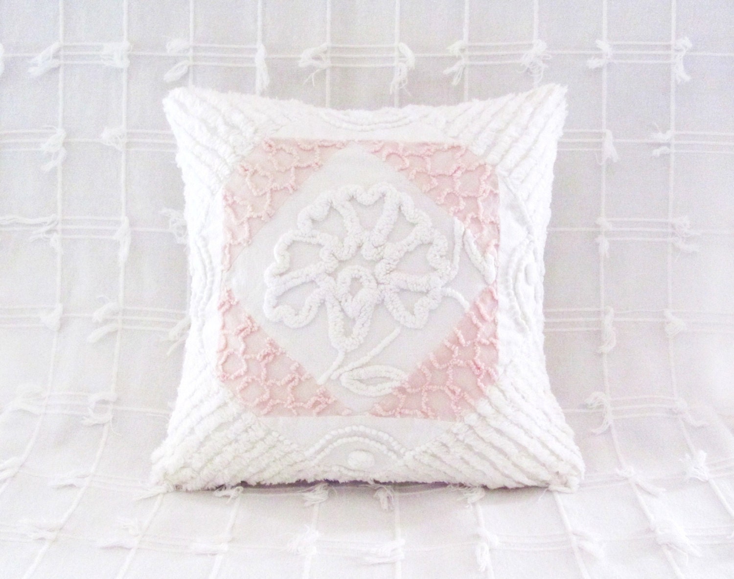 pink pillow cover WHITE PEONY 16 X 16 pink vintage chenille cushion cover cottage chic shabby style