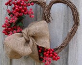 Heart Wreath, Country Cottage, Primitive, Berries, Rustic Wedding Wreath