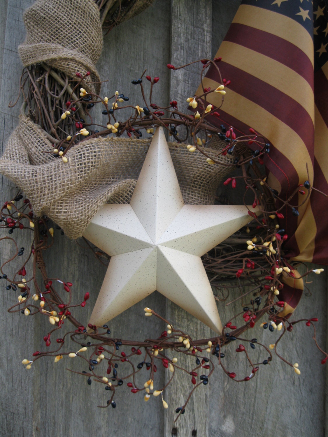 Americana Wreath, Patriotic, Fourth of July Wreath, Rustic, Primitive,Tea Stained Flag