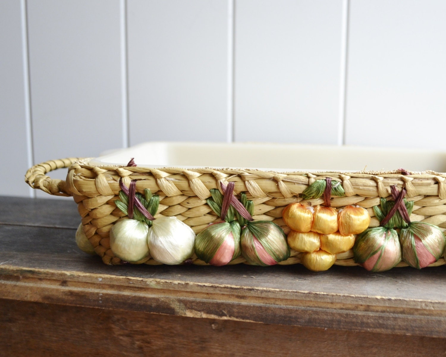 1970s Casserole Basket Fire King Glass Dish Carrier w/ Handles & Raffia Fruit