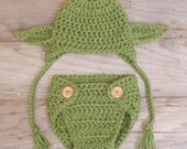 Chunky Yoda  Hat "Star Wars Inspired" / Hat with Earflaps & Diaper Cover - (newborn-3 months, 3-6 months sizes)