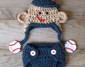 Sock Monkey Hat & Diaper Cover with Baseball Theme (Newborn or 3-6 month size)
