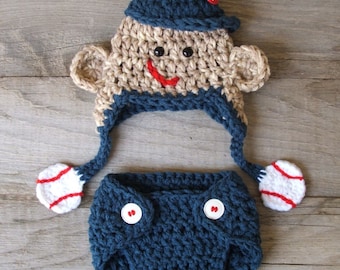 Sock Monkey Hat & Diaper Cover with Baseball Theme (Newborn or 3-6 month size)