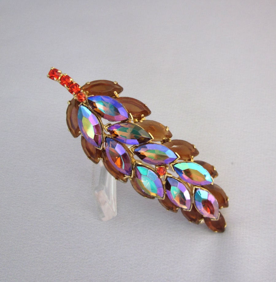Vintage Topaz Purple Rhinestone Leaf Brooch / Pin, Mad Men Fashion Jewelry, Blue Orange Gold, Vintage Jewelry - JryenDesigns - Gift For Her