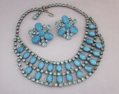 Blue Rhinestone Statement Necklace Earrings Set, Bib Necklace, 1950s Jewelry, Blue Collar Necklace Vintage Jewelry - JryenDesigns