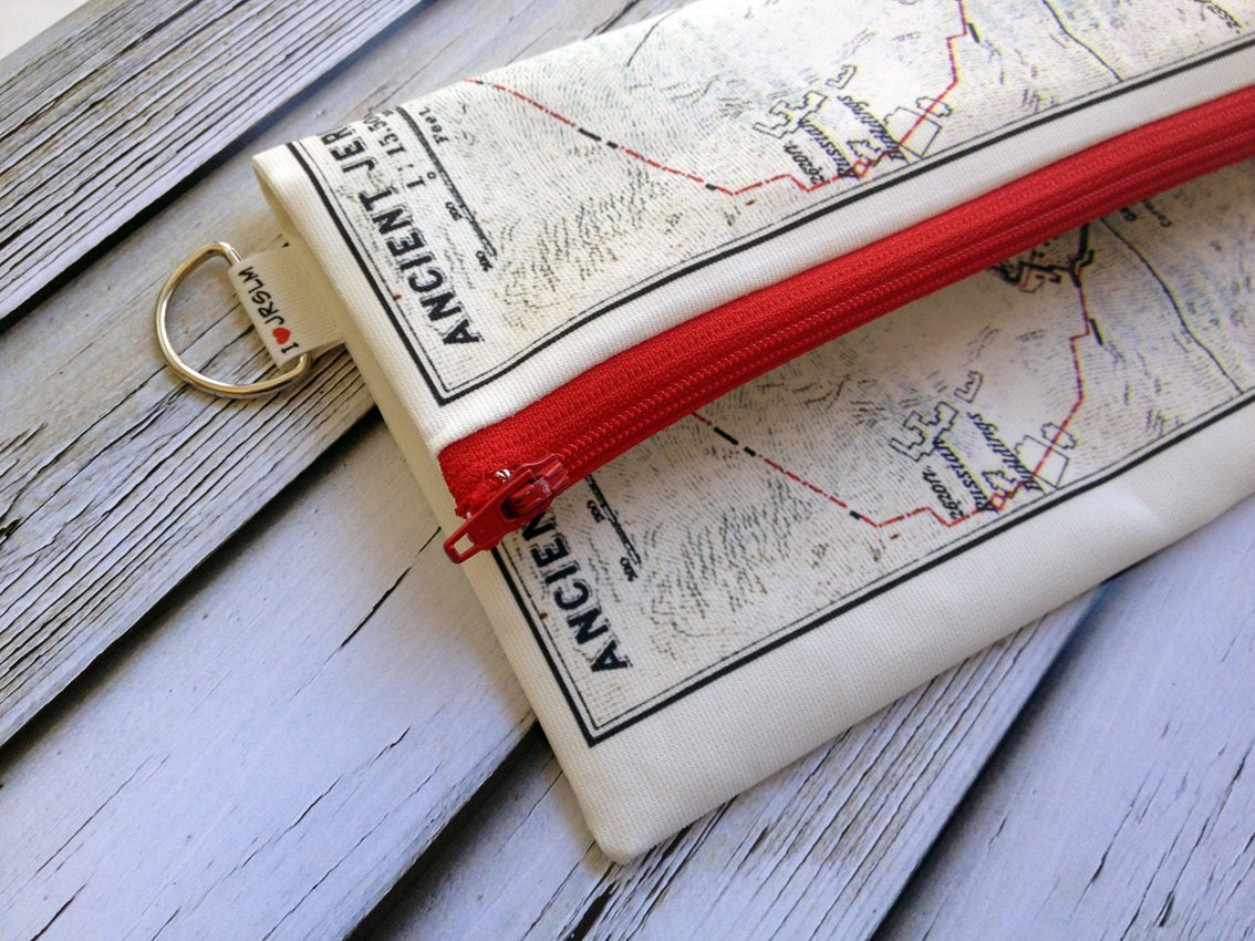 Fold over clutch foldover  - women hand bag printed with the map of ancient Jerusalem from 1912 - with red zipper