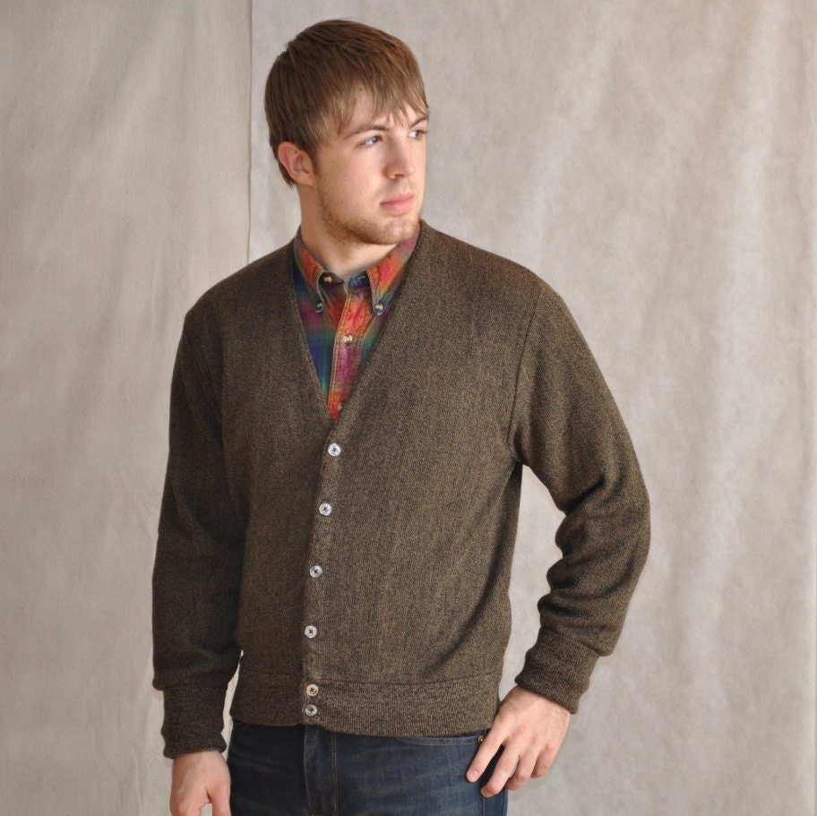 Vintage Men's Cardigan Sweater Heathered Coffee Knit Medium Homespunsociety
