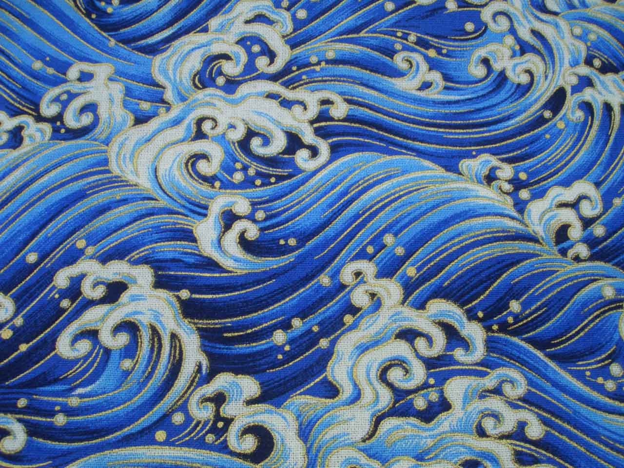 Blue sea waves, gold metallic, fat quarter, cotton linen blended fabric