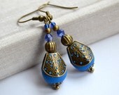 Ultramarine antique earrings, polymer clay dangle, bronze filigree, vintage victorian, eco friendly jewelry,sale clip on earrings, fimo boho