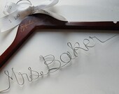 Personalized Dark Wood Wedding Hanger/Bridal Hanger - ORIGINAL Wood Burning with Hand Stamped Ribbon