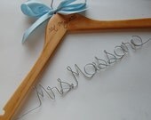 Personalized Natural Wood Wedding Hanger/Bridal Hanger - ORIGINAL Wood Burning with Hand Stamped Ribbon