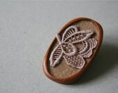 Dusky Pink Vintage Lace Flower on Coffee Brown Felt Wooden Brooch Large, Mahogany and Lace Series