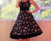 Red Skull Pin up Dress 'Araminta'  in a Full Skirted 1950s, Rockabilly, Psychobilly, Pin up Style with Ric Rac and Bows - custom made to fit