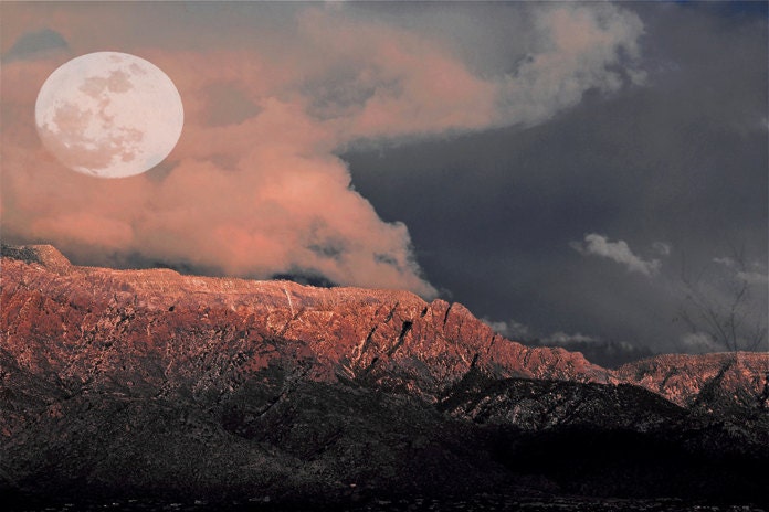 Full Moon Sunset Photography Print 11x14 Fine Art New Mexico Sandia Mountain Desert Southwest Landscape Photography Print.